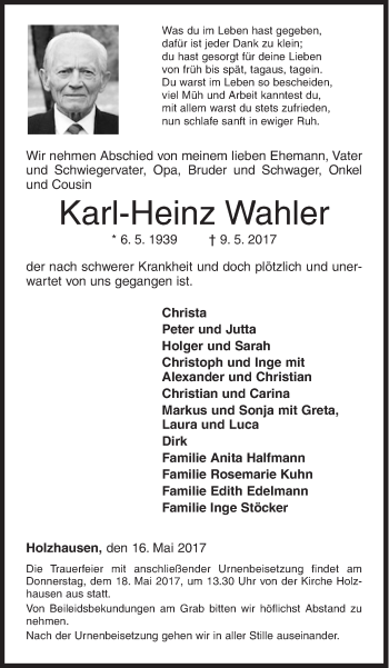 Traueranzeige von Karl-Heinz Wahler von Siegener Zeitung