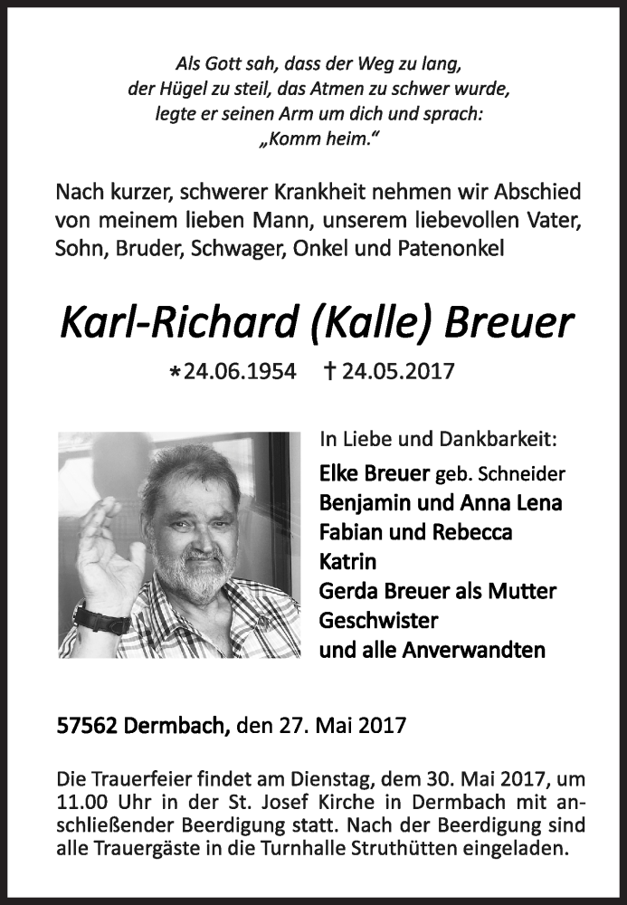  Traueranzeige für Karl-Richard Breuer vom 27.05.2017 aus Siegener Zeitung