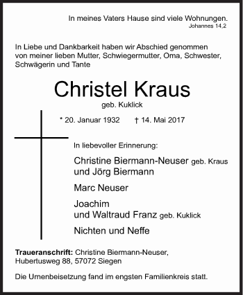 Traueranzeige von Christel Kraus von Siegener Zeitung