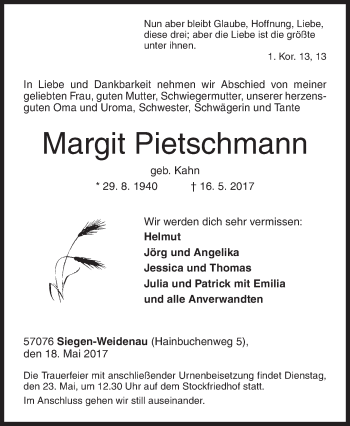Traueranzeige von Margit Pietschmann von Siegener Zeitung