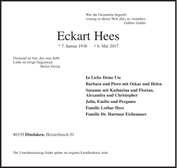 Traueranzeige von Eckart Hees von Siegener Zeitung