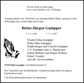 Traueranzeige von Heinz-Jürgen Gampper von Siegener Zeitung