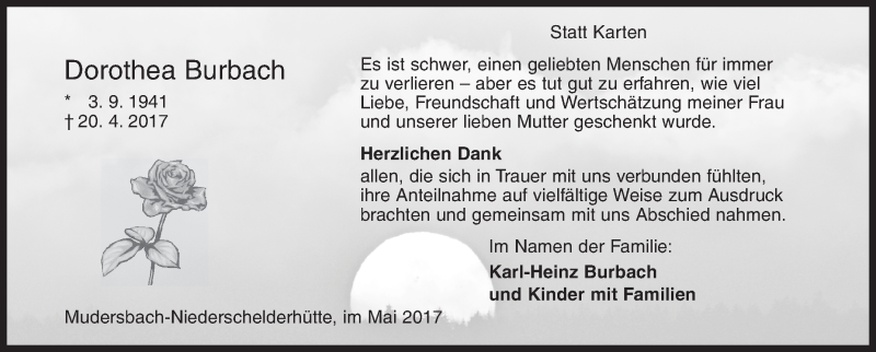  Traueranzeige für Dorothea Burbach vom 20.05.2017 aus Siegener Zeitung