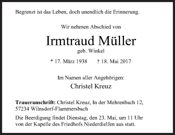 Traueranzeige von Irmtraud Müller von Siegener Zeitung