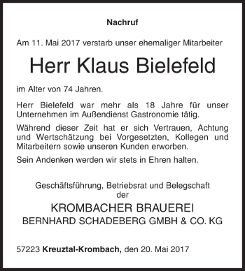 Traueranzeige von Klaus Bielefeld von Siegener Zeitung