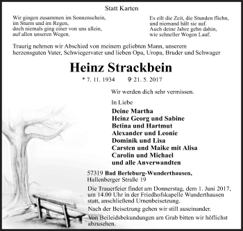 Traueranzeige von Heinz Strackbein von Siegener Zeitung