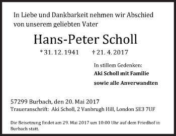 Traueranzeige von Hans-Peter Scholl von Siegener Zeitung