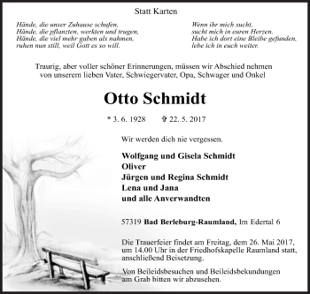Traueranzeige von Otto Schmidt von Siegener Zeitung