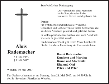 Traueranzeige von Alois Rademacher von Siegener Zeitung