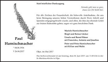Traueranzeige von Paul Harnischmacher von Siegener Zeitung
