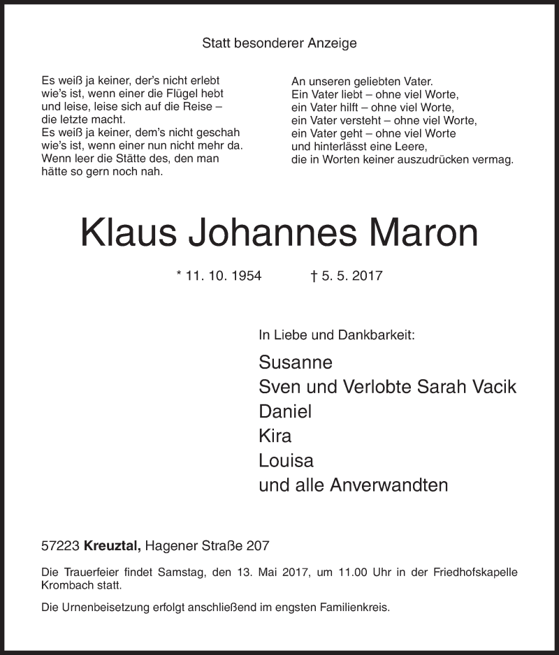  Traueranzeige für Klaus Johannes Maron vom 09.05.2017 aus Siegener Zeitung