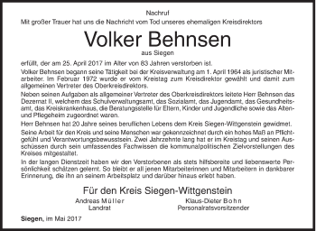 Traueranzeige von Volker Behnsen von Siegener Zeitung