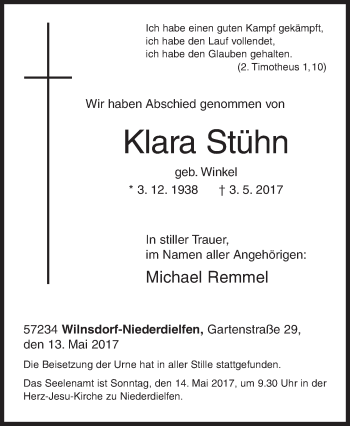 Traueranzeige von Klara Stühn von Siegener Zeitung