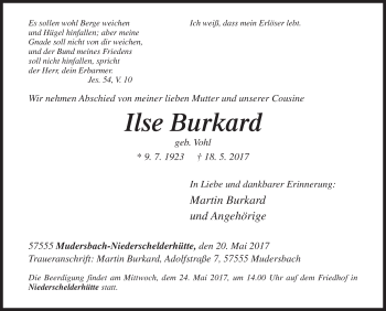 Traueranzeige von Ilse Burkard von Siegener Zeitung