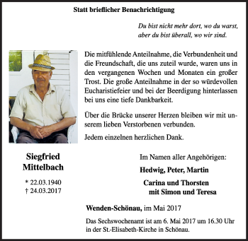 Traueranzeige von Siegfried Mittelbach von Siegener Zeitung
