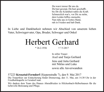Traueranzeige von Herbert Gerhard von Siegener Zeitung