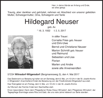 Traueranzeige von Hildegard Neuser von Siegener Zeitung