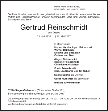 Traueranzeige von Gertrud Reinschmidt von Siegener Zeitung