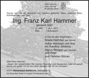 Traueranzeige von Franz Karl Hammer von Siegener Zeitung
