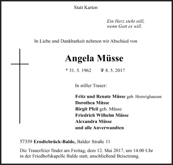 Traueranzeige von Angela Müsse von Siegener Zeitung