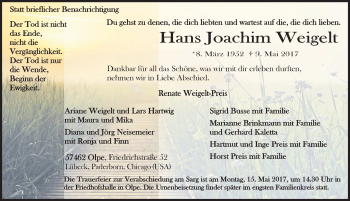 Traueranzeige von Hans Joachim Weigelt von Siegener Zeitung
