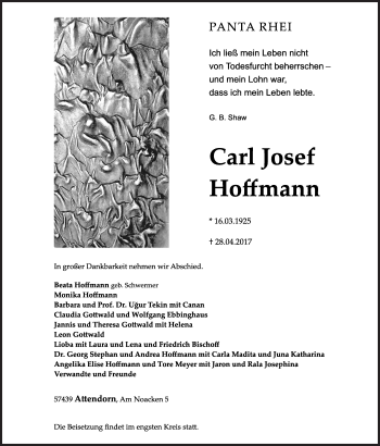 Traueranzeige von Carl Josef Hoffmann von Siegener Zeitung