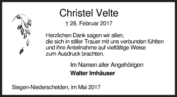 Traueranzeige von Christel Velte von Siegener Zeitung