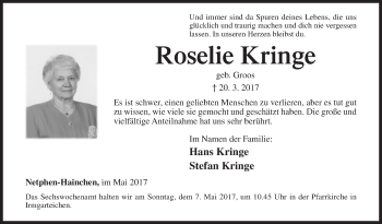 Traueranzeige von Roselie Kringe von Siegener Zeitung