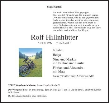 Traueranzeige von Rolf Hillnhütter von Siegener Zeitung