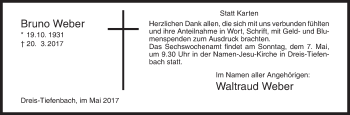Traueranzeige von Bruno Weber von Siegener Zeitung