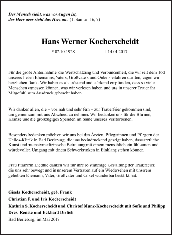 Traueranzeige von Hans Werner Kocherscheidt von Siegener Zeitung