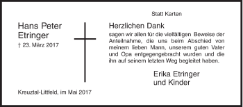 Traueranzeige von Hans Peter Etringer von Siegener Zeitung