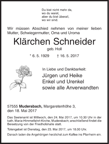 Traueranzeige von Klärchen Schneider von Siegener Zeitung