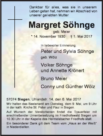 Traueranzeige von Margret Söhnge von Siegener Zeitung