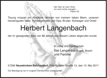 Traueranzeige von Herbert Langenbach von Siegener Zeitung