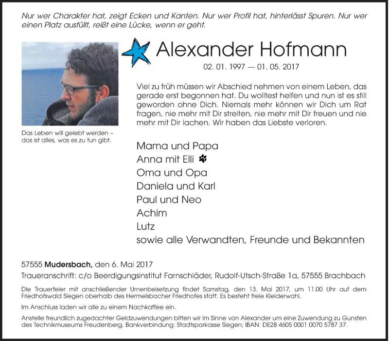  Traueranzeige für Alexander Hofmann vom 06.05.2017 aus Siegener Zeitung