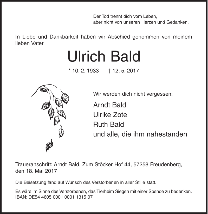  Traueranzeige für Ulrich Bald vom 18.05.2017 aus Siegener Zeitung