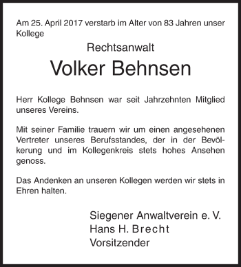 Traueranzeige von Volker Behnsen von Siegener Zeitung