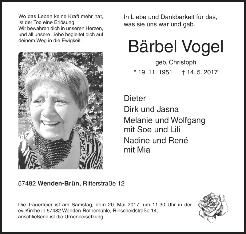  Traueranzeige für Bärbel Vogel vom 17.05.2017 aus Siegener Zeitung