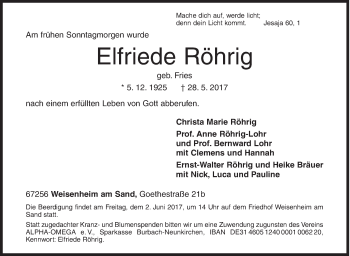 Traueranzeige von Elfriede Röhrig von Siegener Zeitung