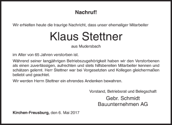 Traueranzeige von Klaus Stettner von Siegener Zeitung