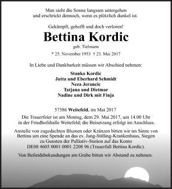 Traueranzeige von Bettina Kordic von Siegener Zeitung