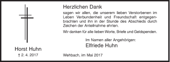 Traueranzeige von Horst Huhn von Siegener Zeitung