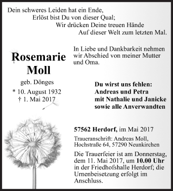 Traueranzeige von Rosemarie Moll von Siegener Zeitung