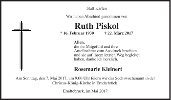 Traueranzeige von Ruth Piskol von Siegener Zeitung