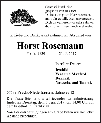 Traueranzeige von Horst Rosemann von Siegener Zeitung