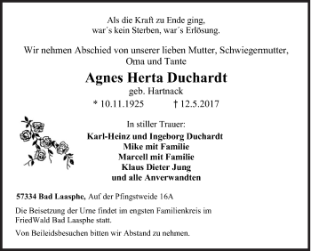 Traueranzeige von Agnes Herta Duchardt von Siegener Zeitung