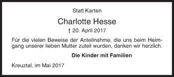 Traueranzeige von Charlotte Hesse von Siegener Zeitung