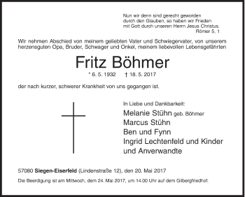 Traueranzeige von Fritz Böhmer von Siegener Zeitung
