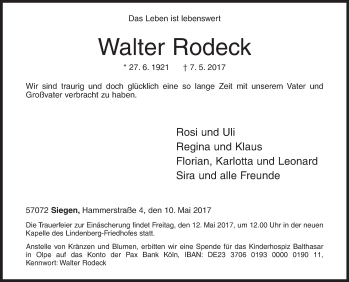 Traueranzeige von Walter Rodeck von Siegener Zeitung